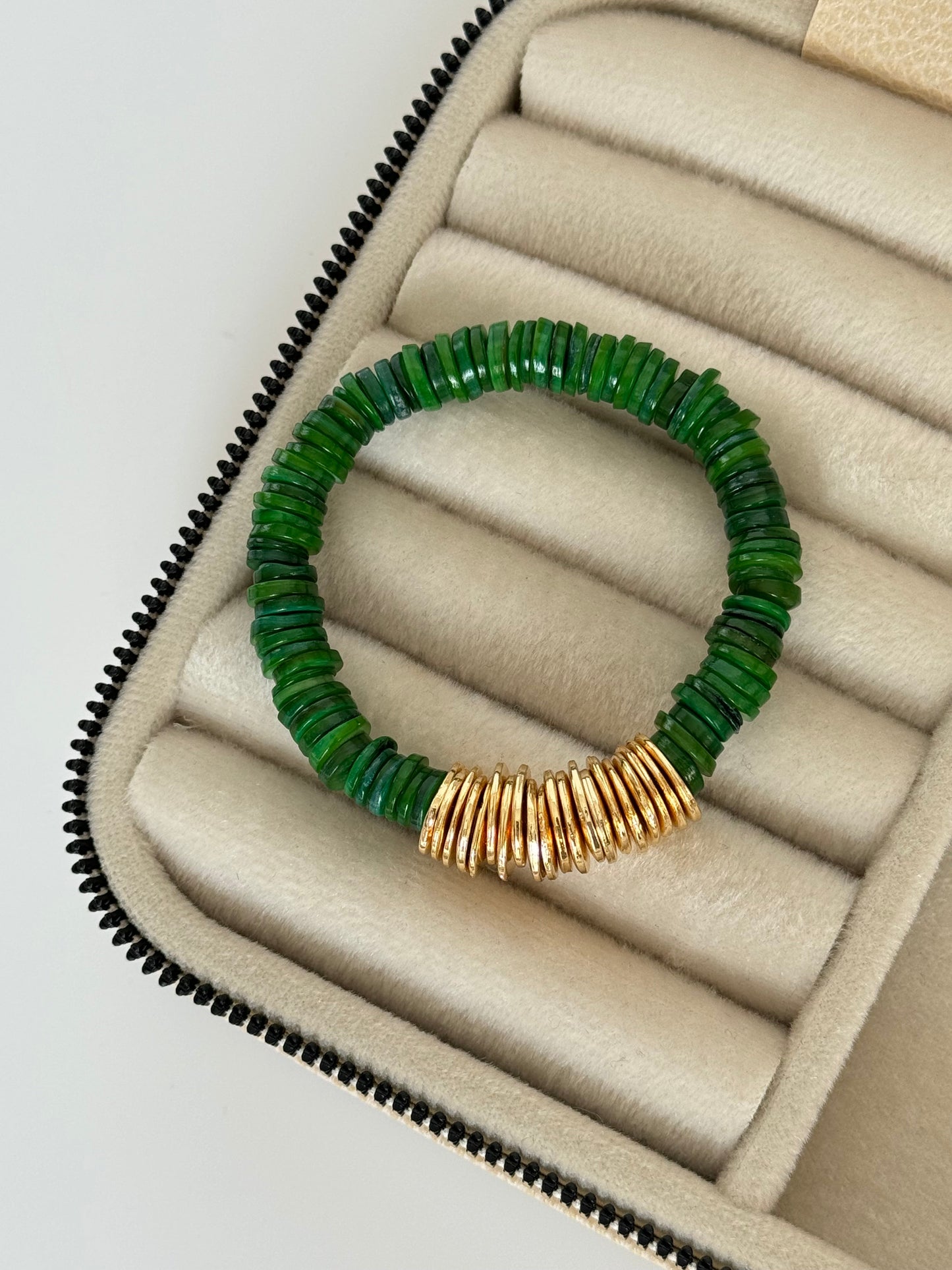 Stunning Green Glass Bead Bracelet with Gold-Plated Accents