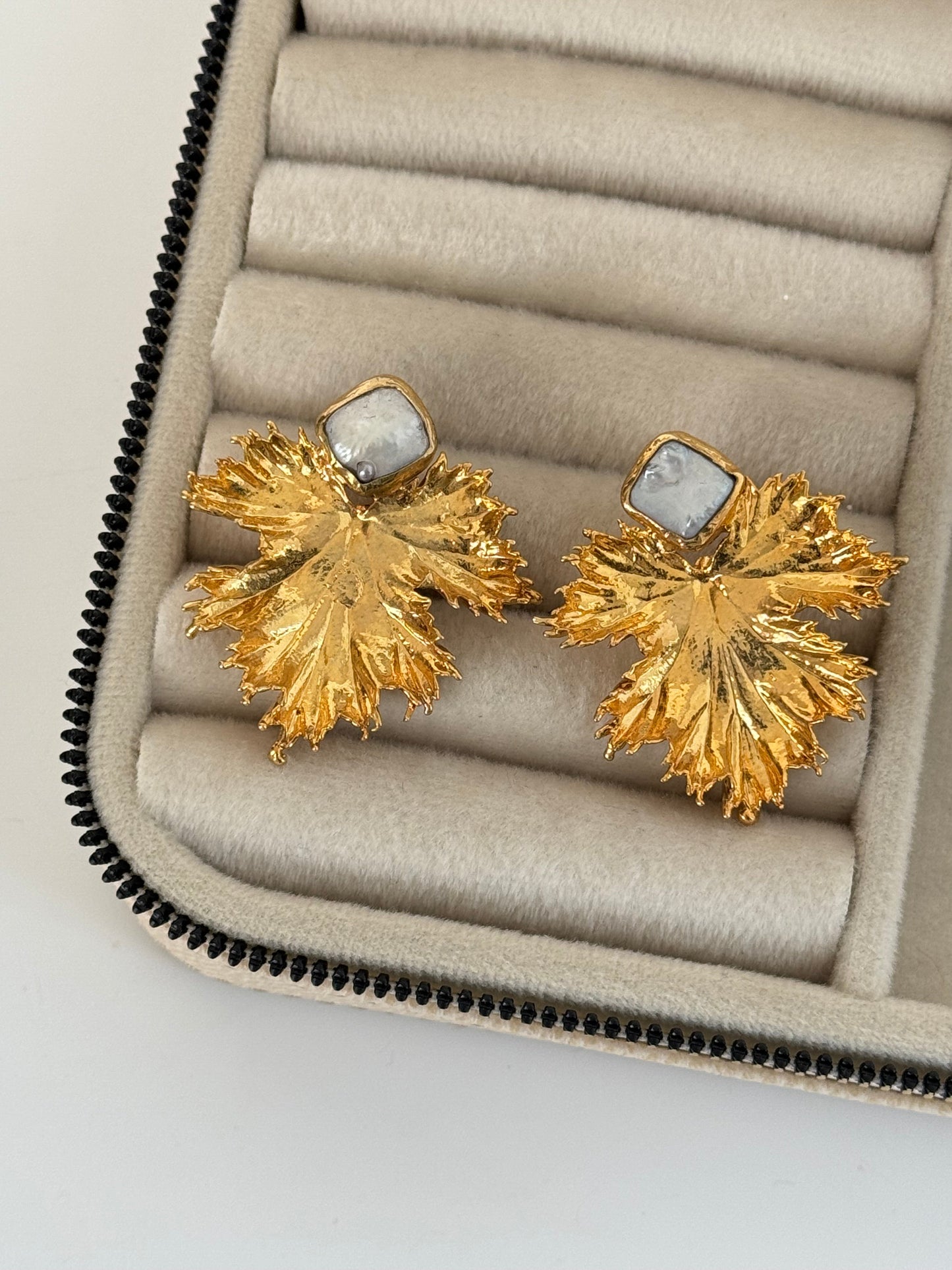 Natural Stone Accented Leaf Design Gold-Plated Earrings