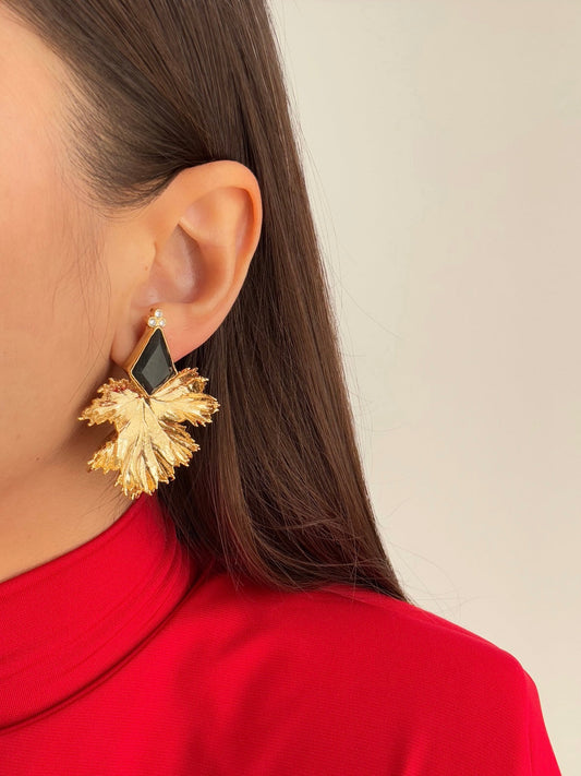 Natural Stone Detailed Leaf Gold-Plated Earrings