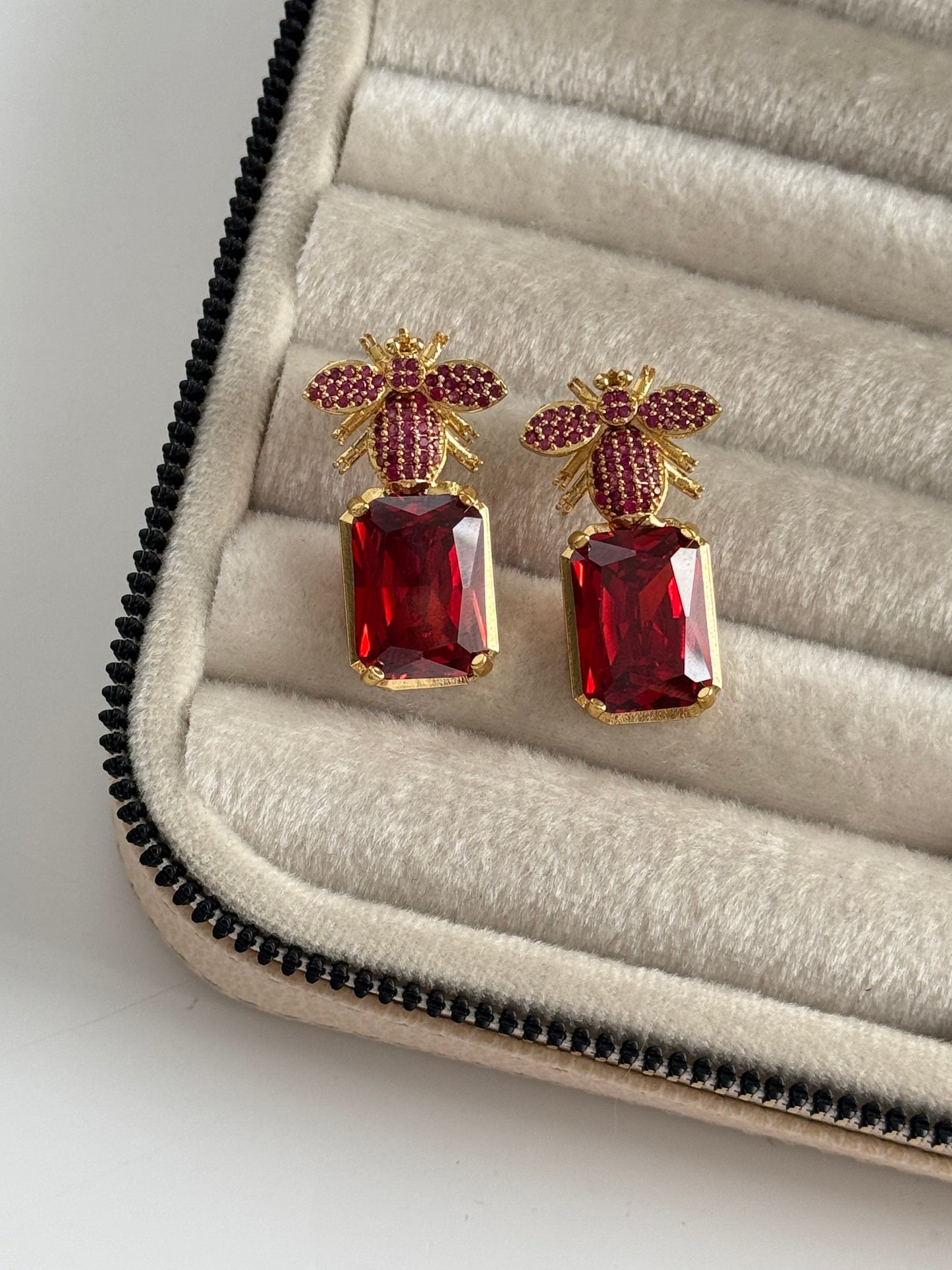 Stunning Red Stone Gold-Plated Earrings with Intricate Detail