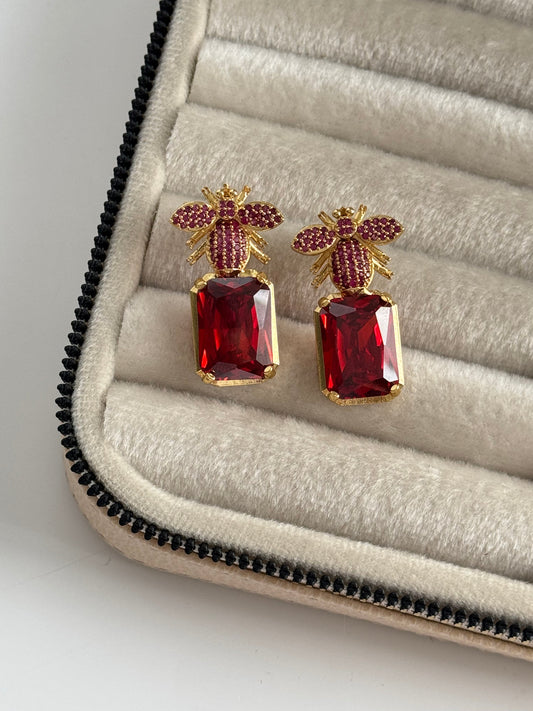 Stunning Red Stone Gold-Plated Earrings with Intricate Detail