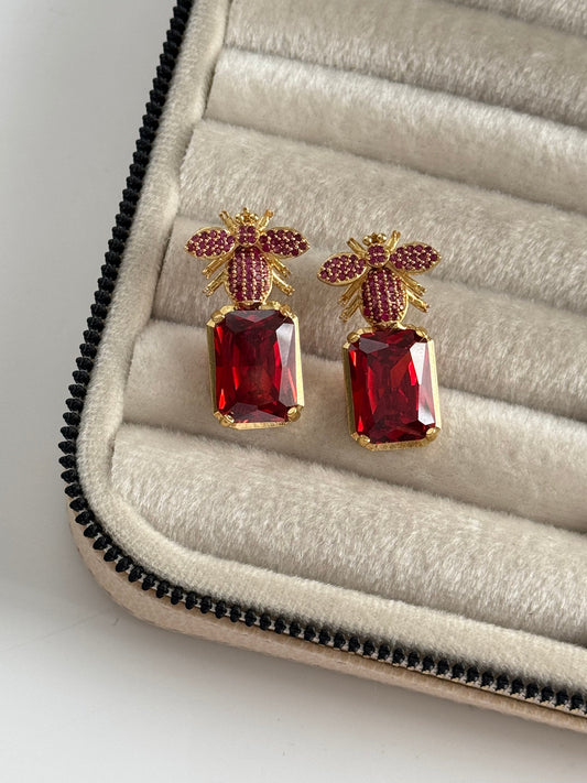 Stunning Red Stone Gold-Plated Earrings with Intricate Detail