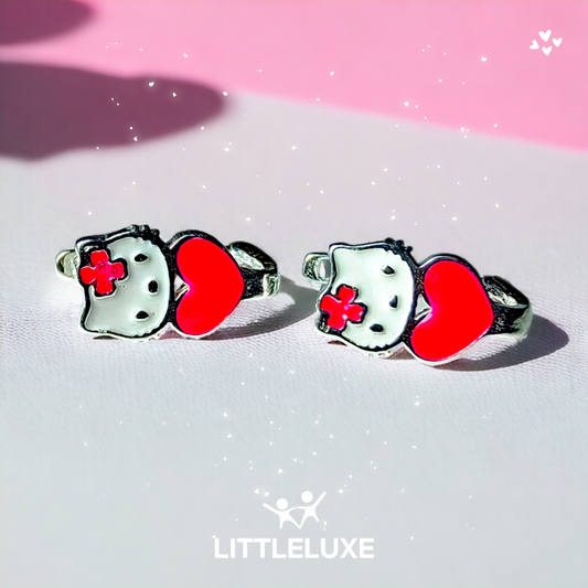 Heart-Shaped Kitty Silver Earrings for Kids