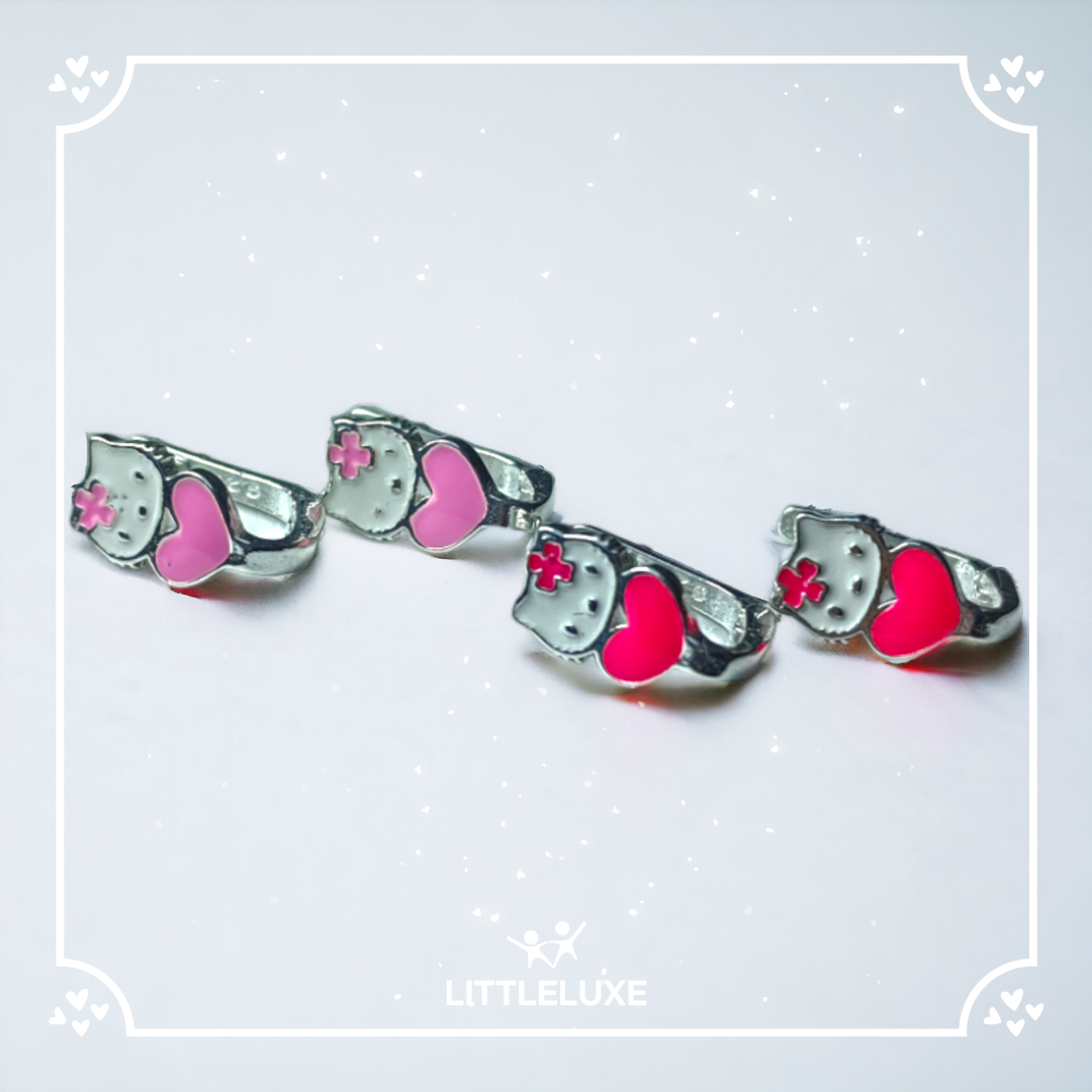 Heart-Shaped Kitty Silver Earrings for Kids