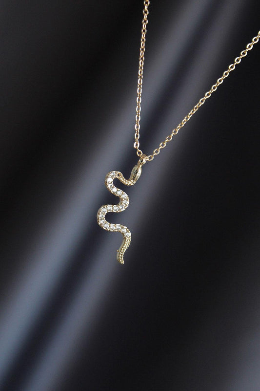 Stunning Gold-Colored Metal Snake Necklace with Sparkling Zircon Stones