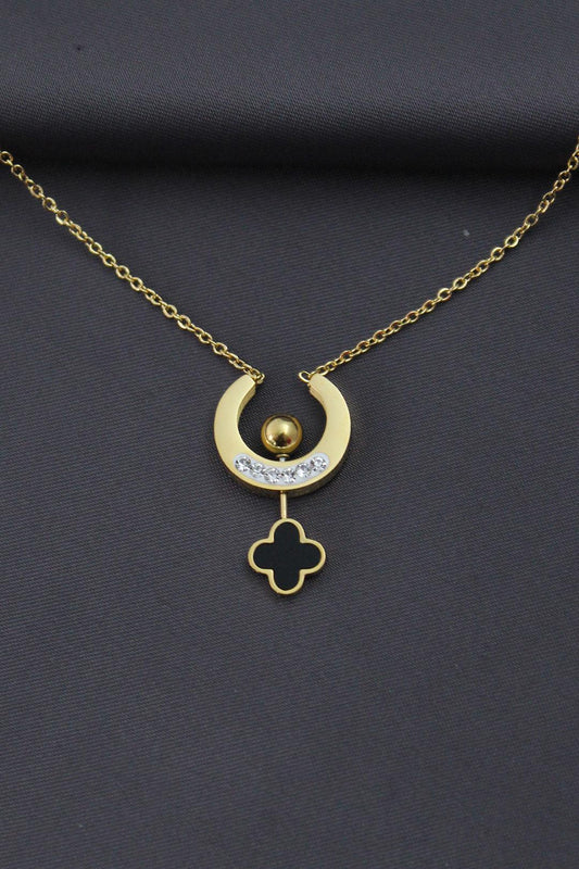 Stunning Gold-Plated Steel Clover Necklace with Zirconia Stones and Enamel Design for Women