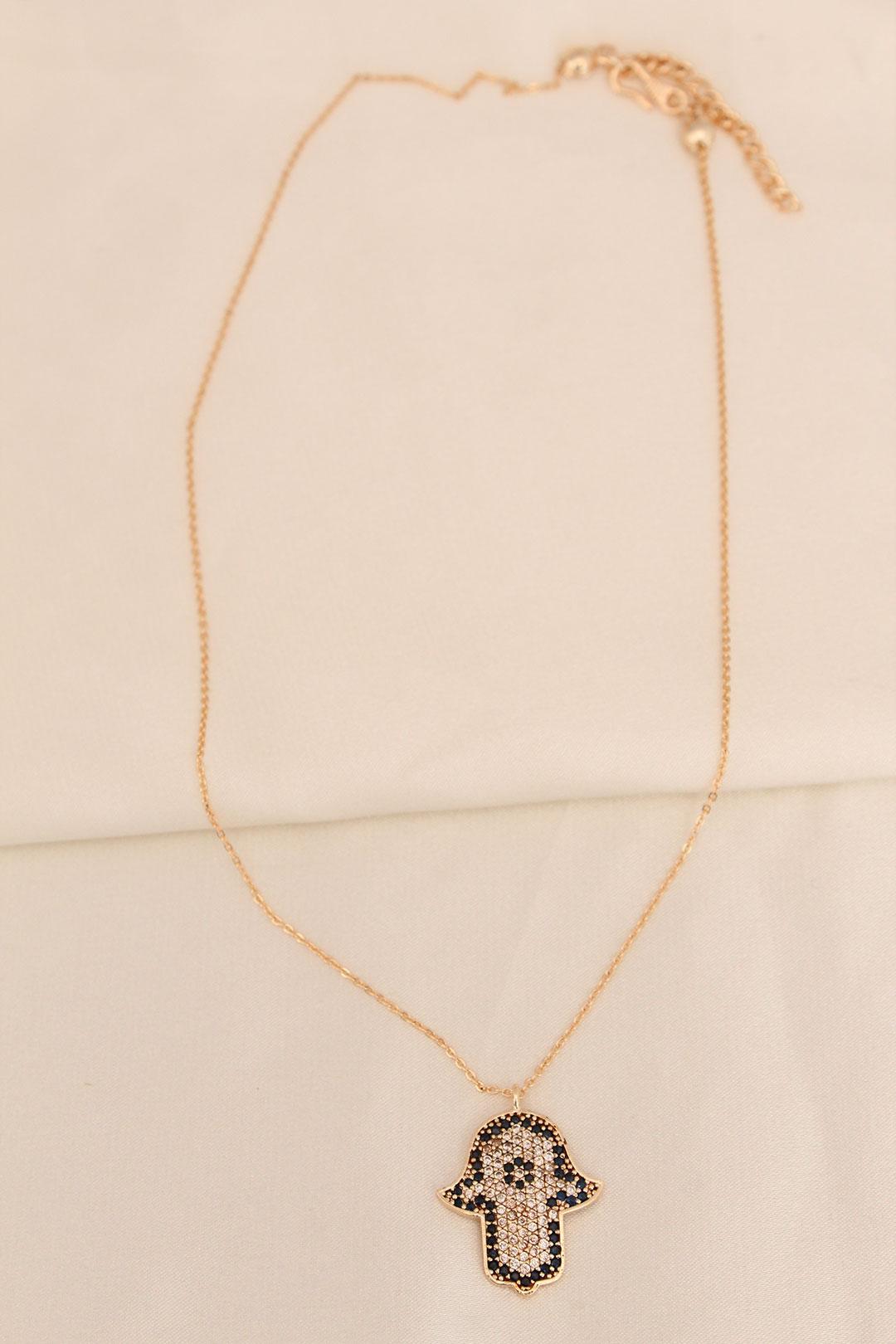 Gold Tone Minimalist Stone-Embellished Hand of Fatima Necklace