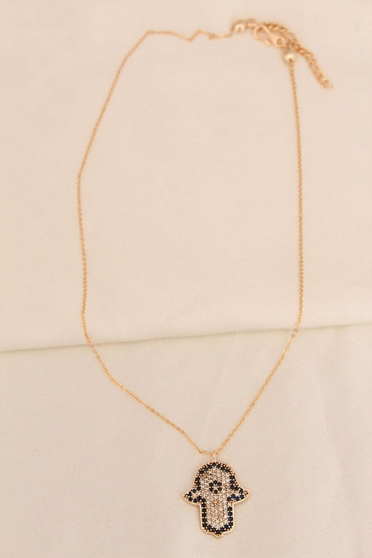 Gold Tone Minimalist Stone-Embellished Hand of Fatima Necklace