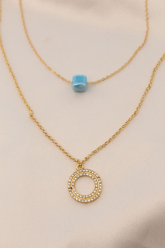 Stunning Gold Tone Double Chain Necklace with Blue Stone Accents