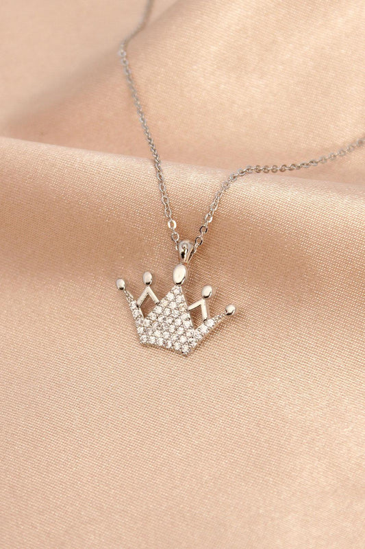 Stunning Silver Metal Crown Necklace with Sparkling Zircon Stones