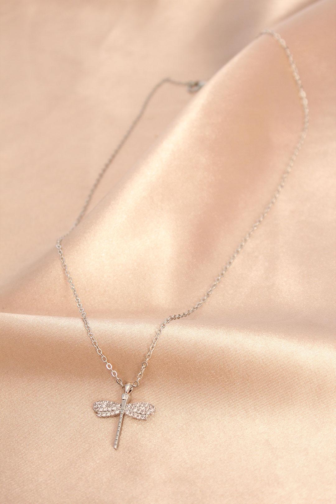 Stunning Silver Dragonfly Necklace with Sparkling Zircon Stones