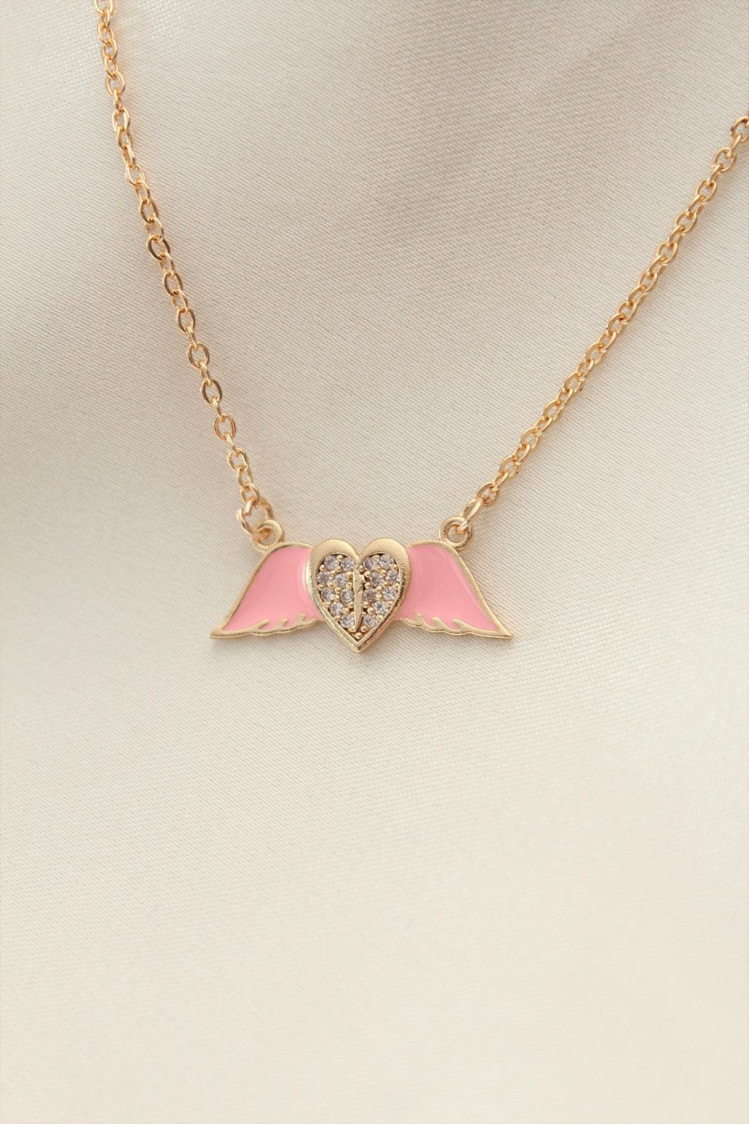 Charming Pink Enamel Heart Necklace with Winged Gemstone Accent