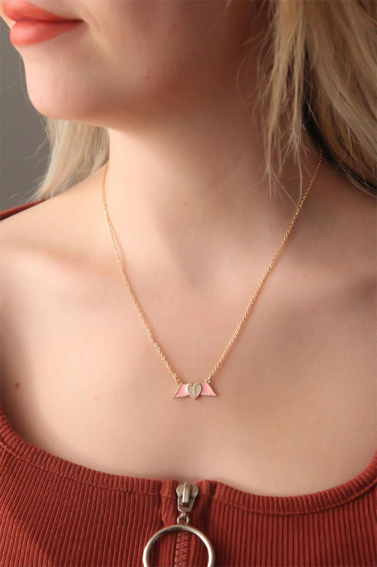 Charming Pink Enamel Heart Necklace with Winged Gemstone Accent