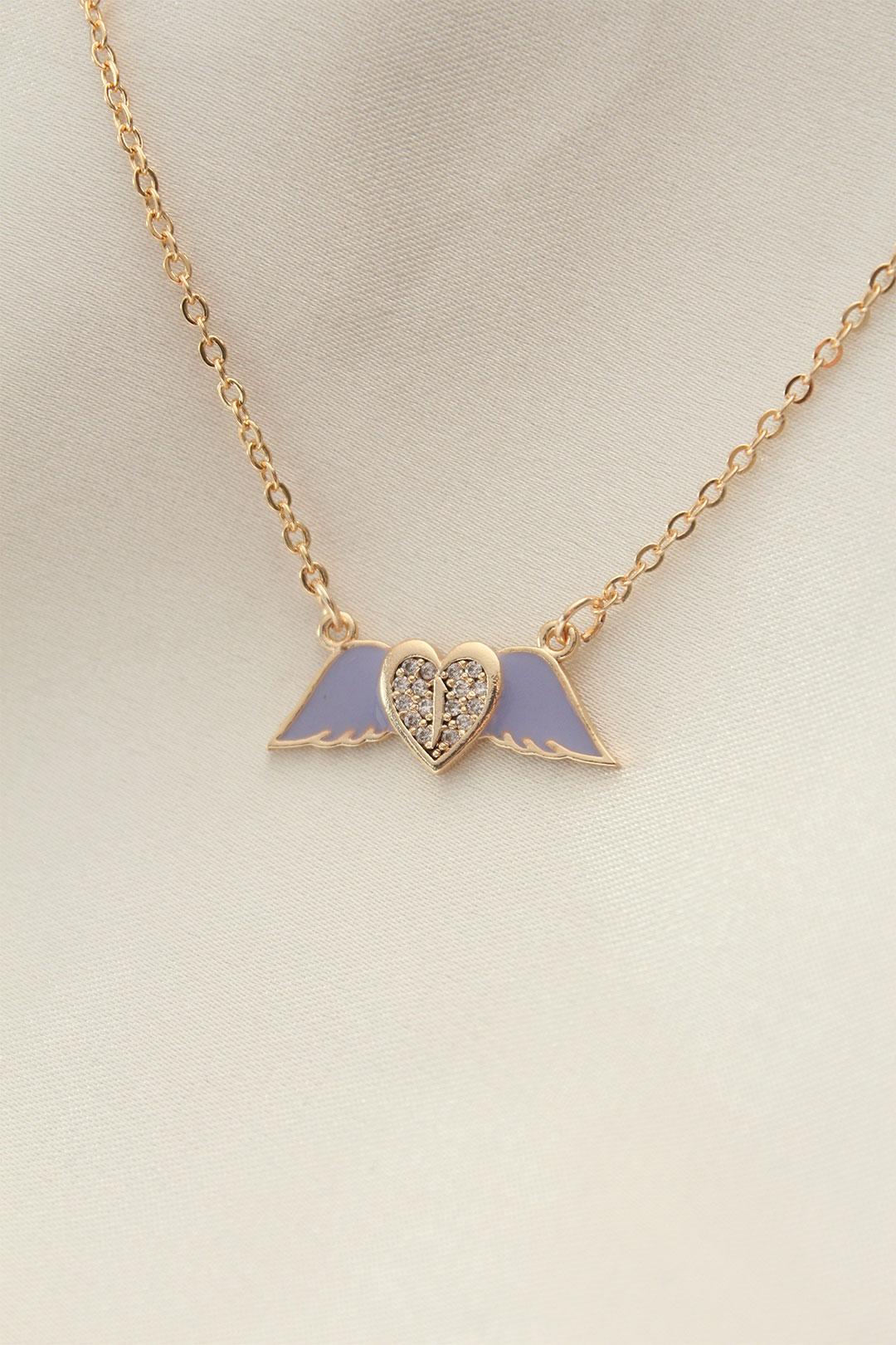 Stunning Lila Enamel Heart Necklace with Winged Charm and Sparkling Stones