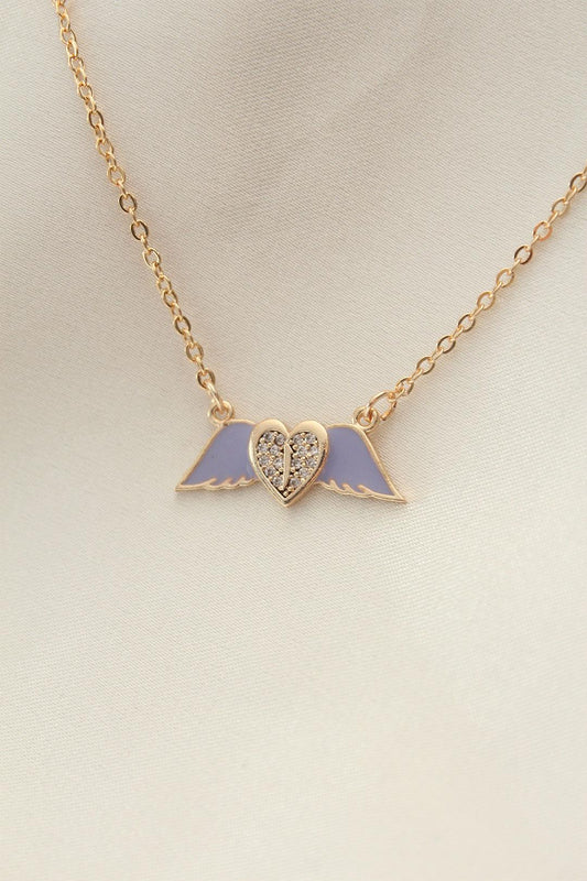 Stunning Lila Enamel Heart Necklace with Winged Charm and Sparkling Stones