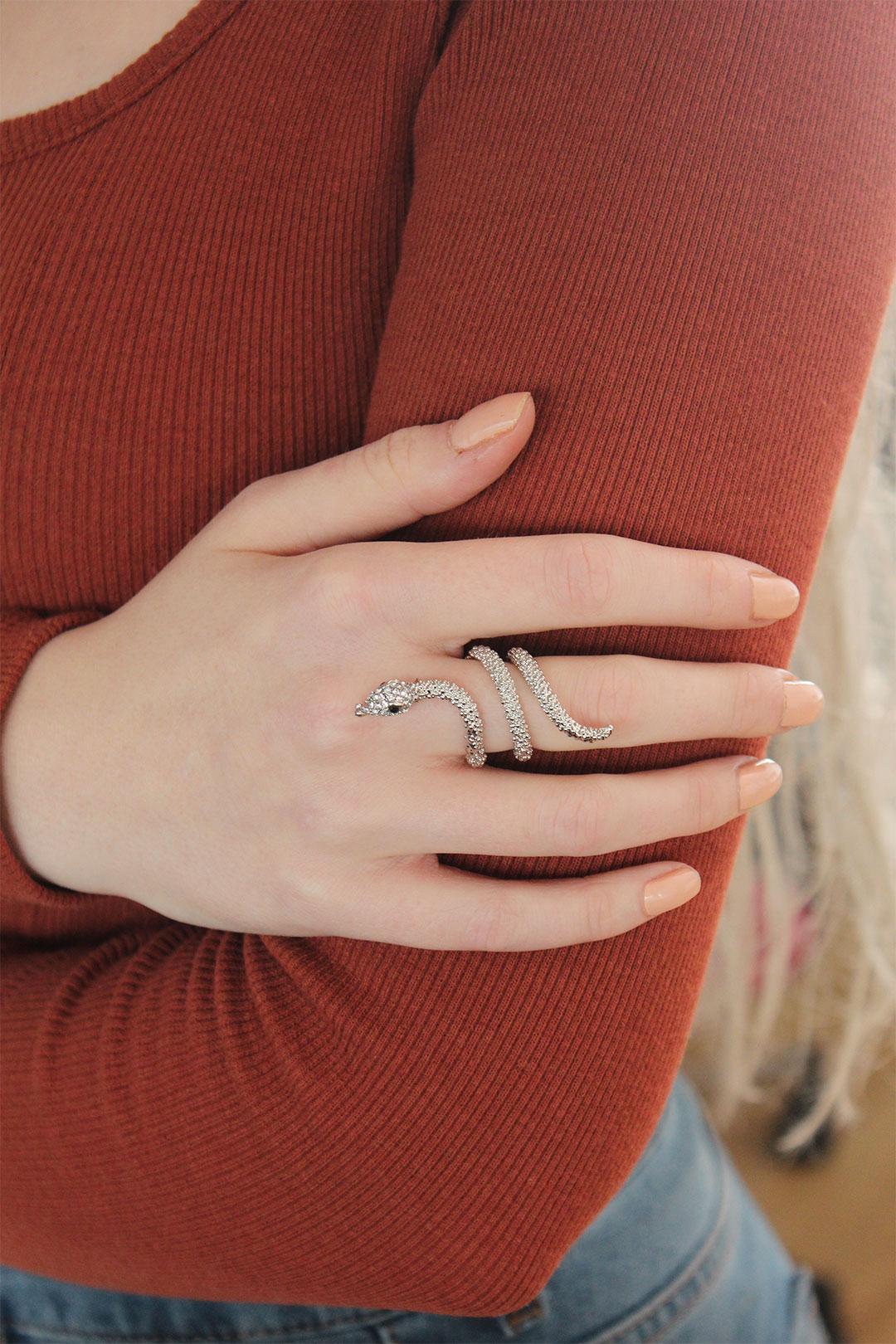 Adjustable Silver Snake Ring with Sparkling Zircon Stones