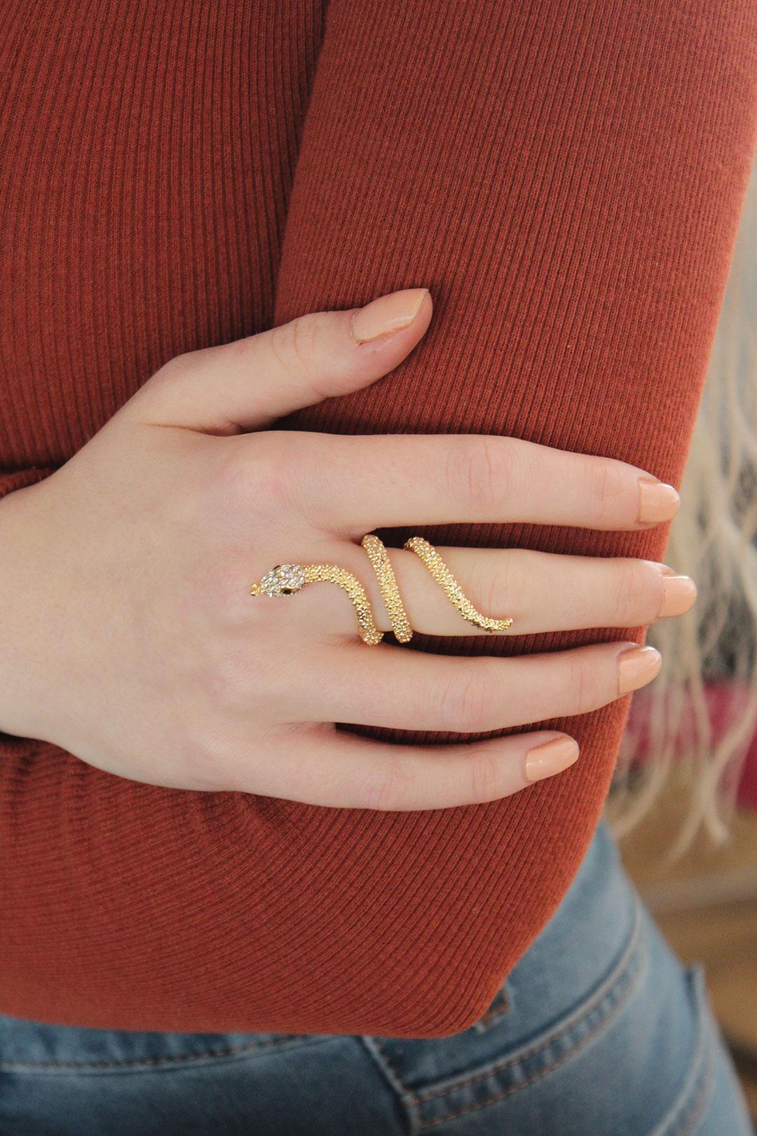 Adjustable Gold Snake Ring with Sparkling Zircon Stones