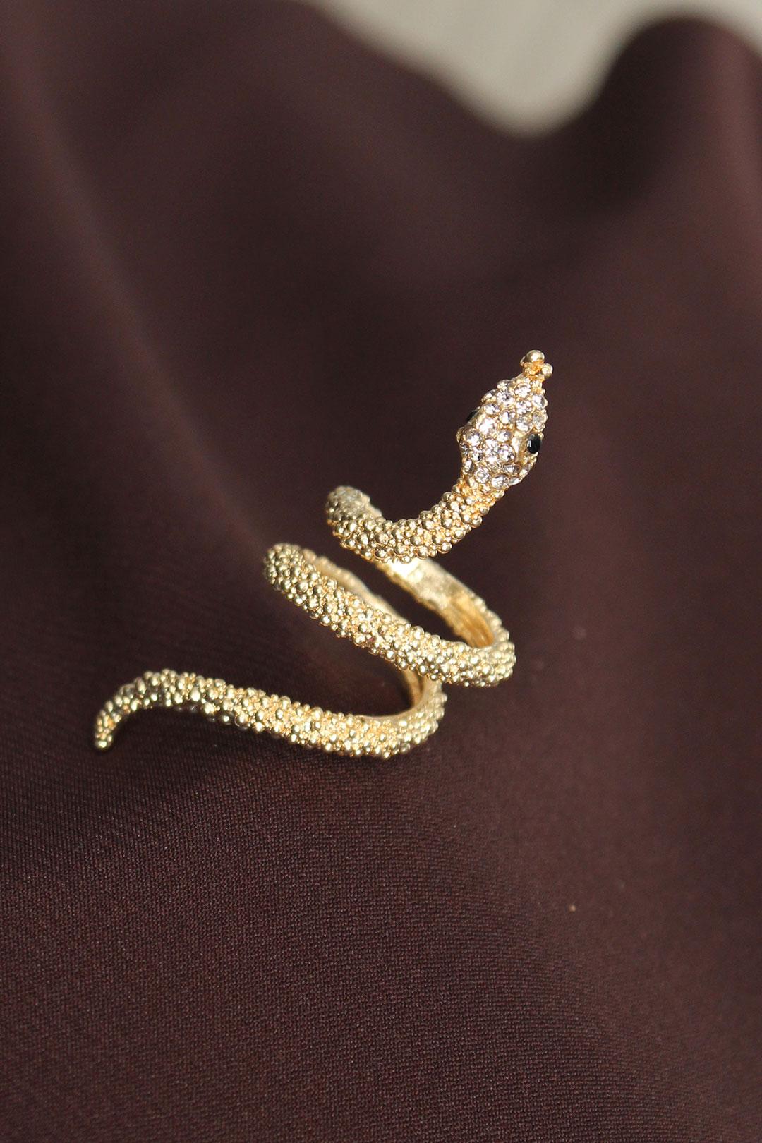 Adjustable Gold Snake Ring with Sparkling Zircon Stones