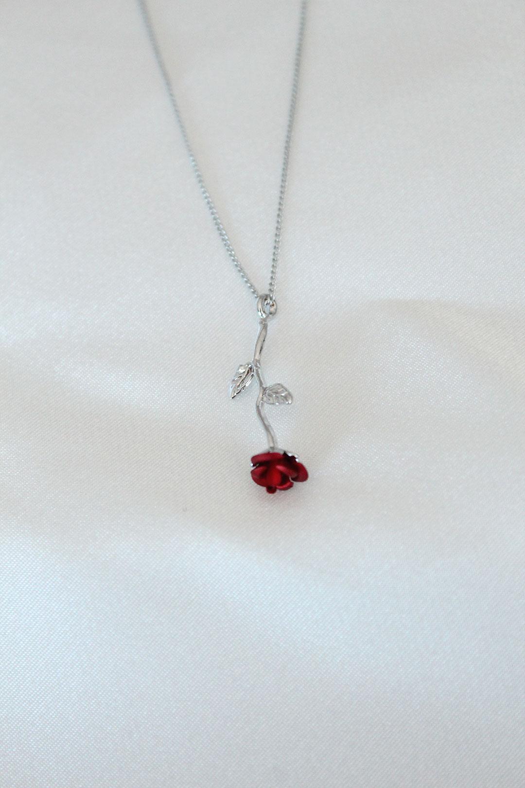 Stunning Silver-Plated Red Rose Pendant Necklace for Women