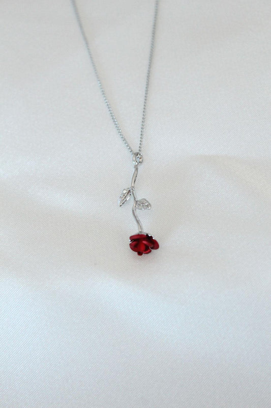 Stunning Silver-Plated Red Rose Pendant Necklace for Women