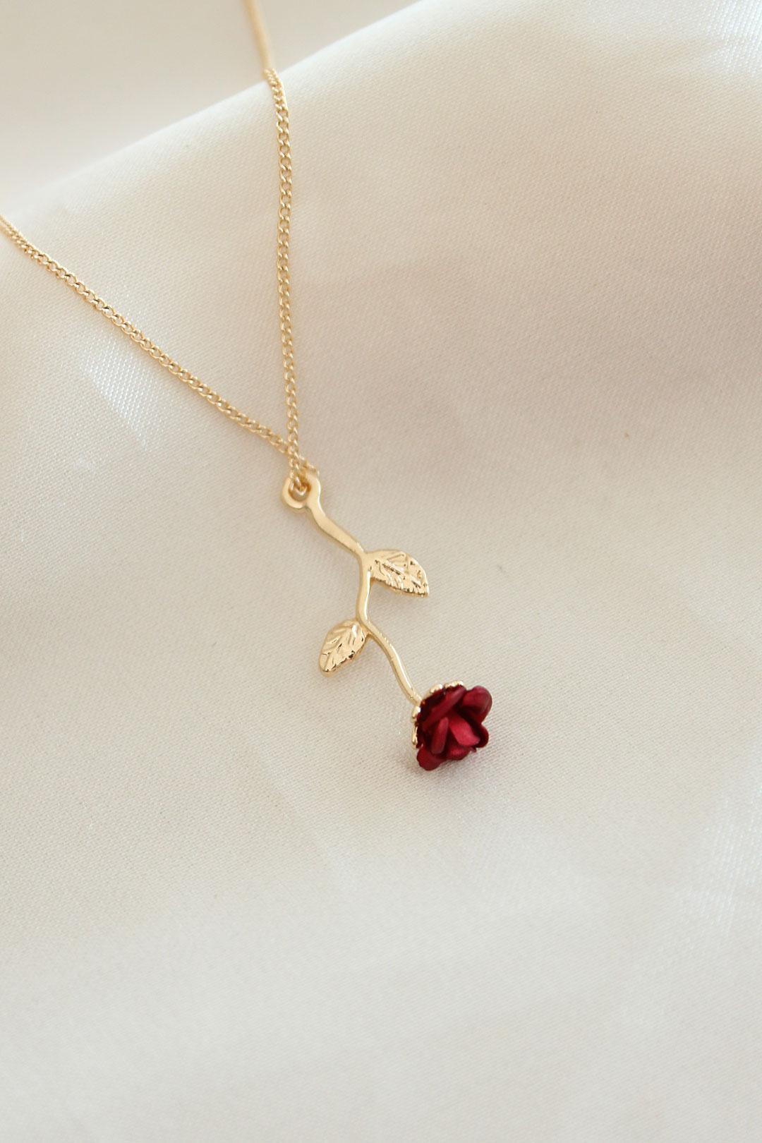 Stunning Gold-Plated Red Rose Pendant Necklace for Women