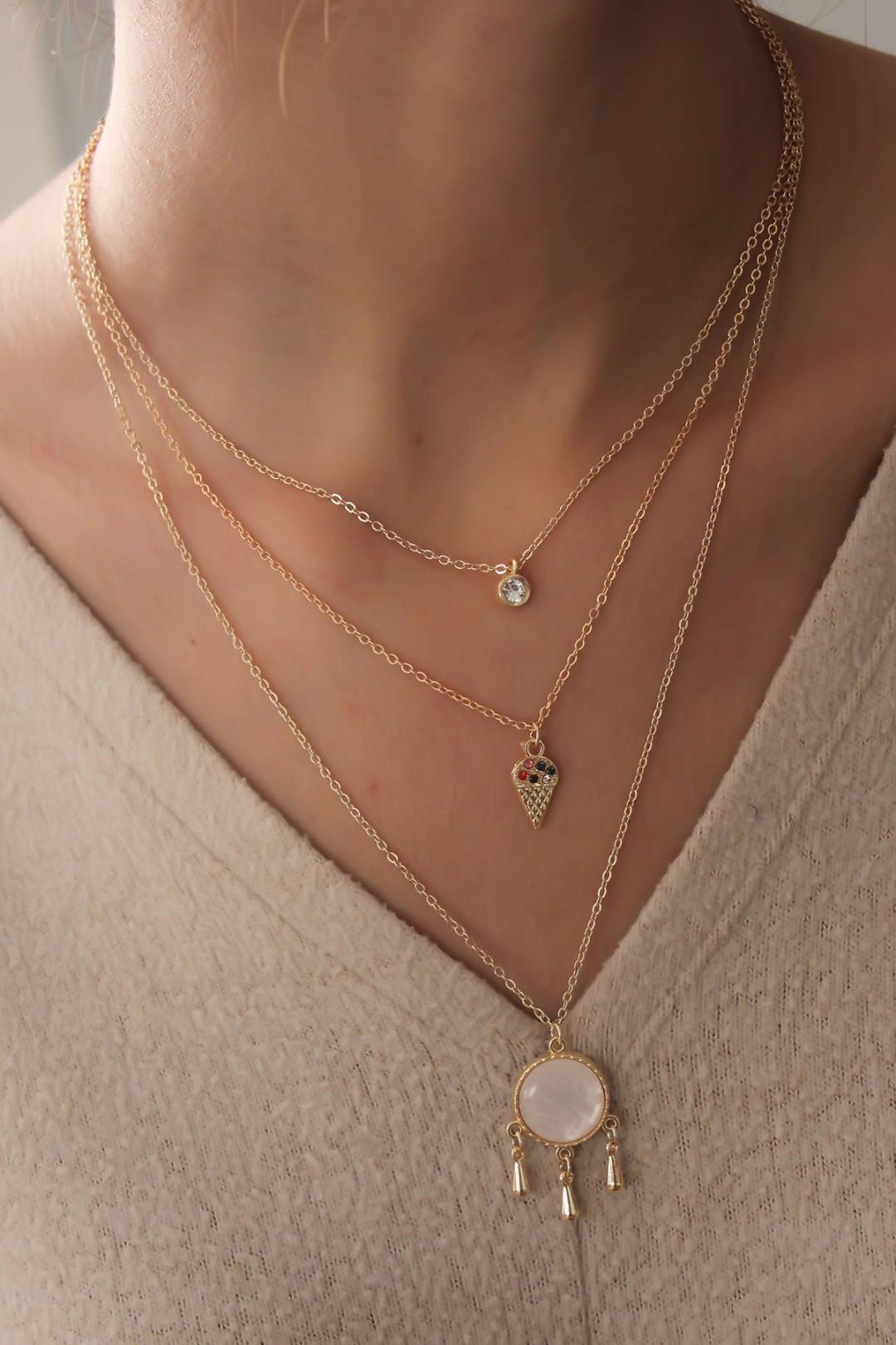 Stunning Gold-Plated Triple Necklace with Zircon Stone Accents for Women