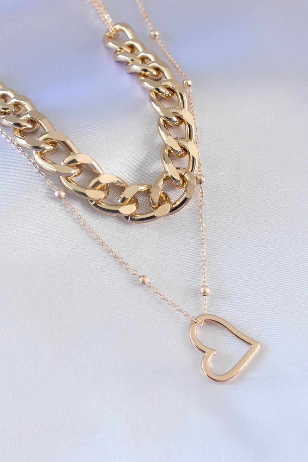 Gold Renk Double Thick Chain Heart Pendant Necklace for Women