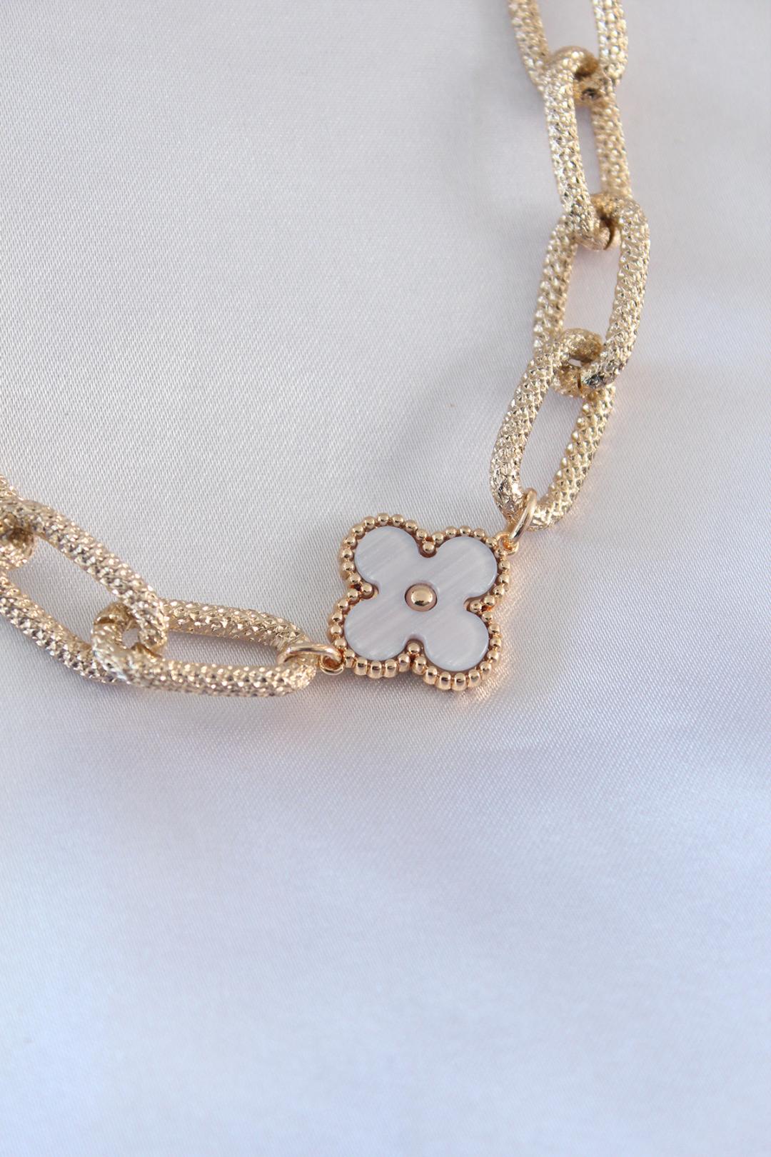 Stunning Gold Thick Chain Necklace with White Clover Charm for Women