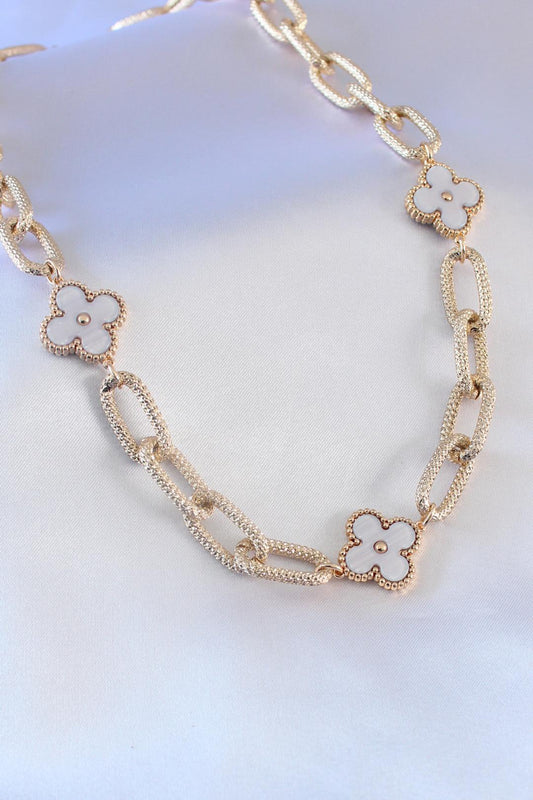 Stunning Gold Thick Chain Necklace with White Clover Charm for Women