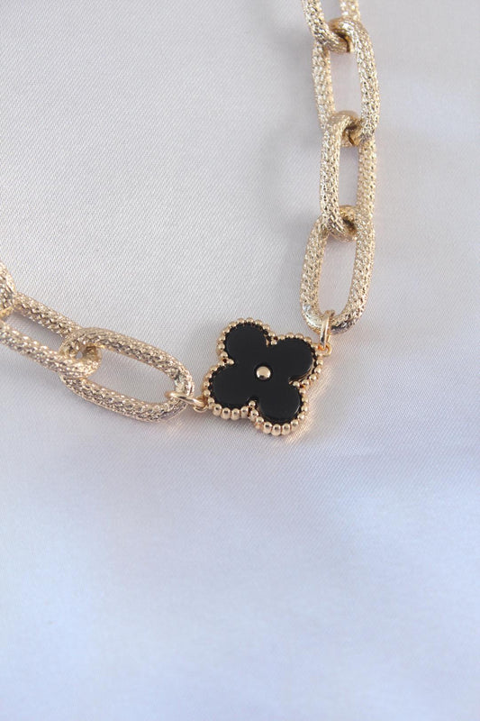 Bold Gold Chain Necklace with Black Clover Pendant for Women