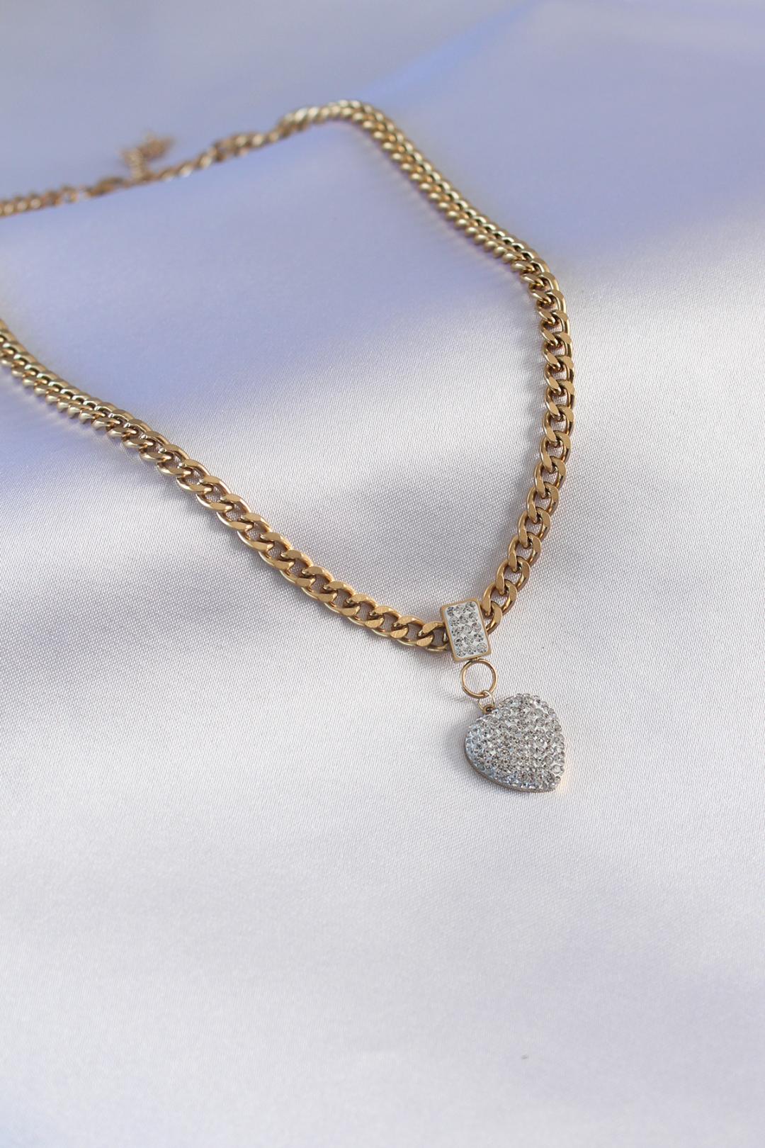 Chunky Gold 316L Stainless Steel Heart Pendant Necklace with Zircon Stones for Women