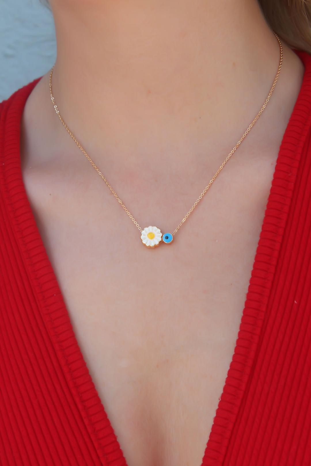 Gold Daisy Pendant Necklace with Evil Eye Detail for Women