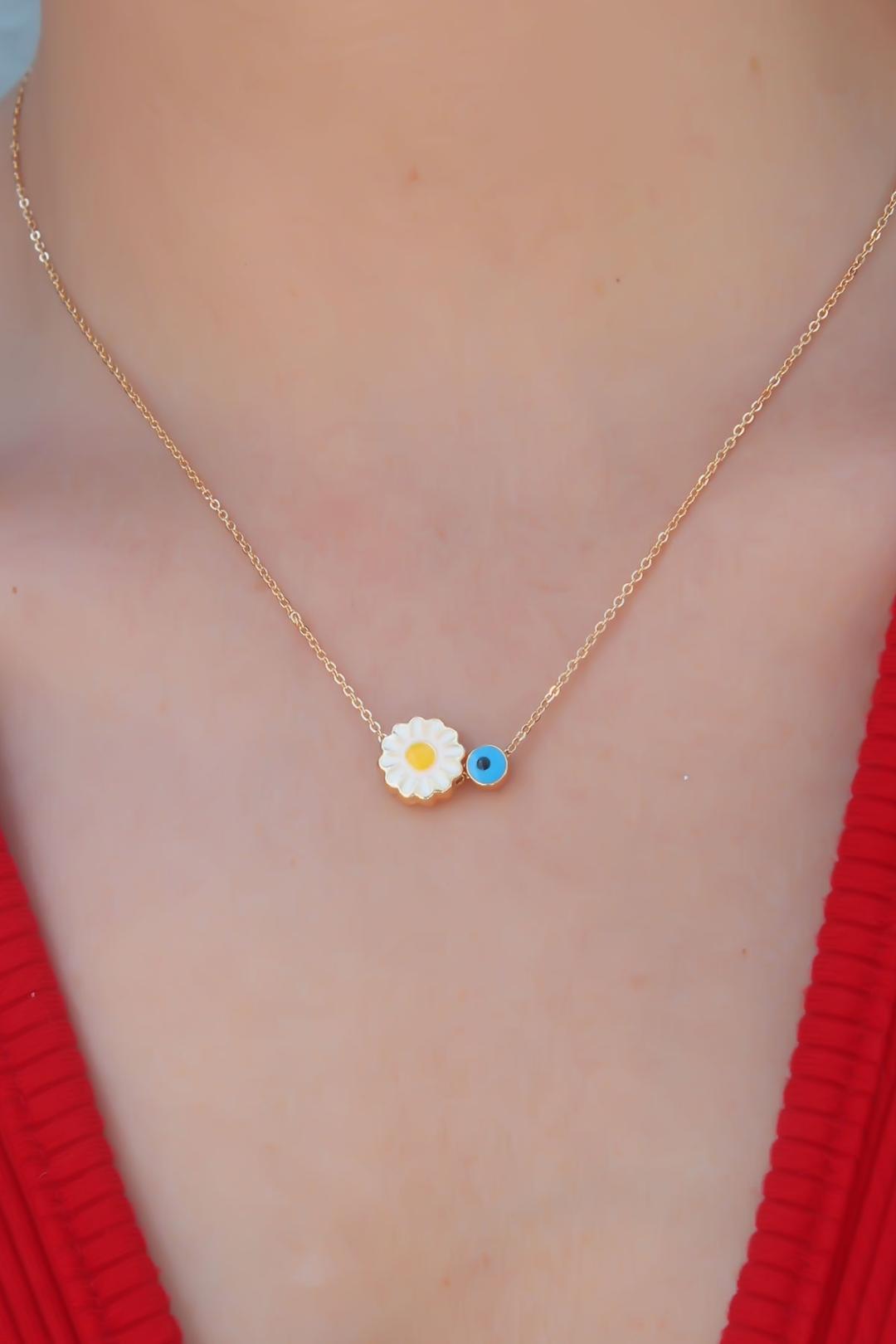 Gold Daisy Pendant Necklace with Evil Eye Detail for Women