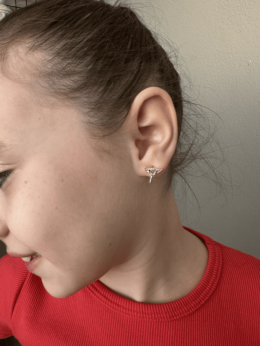 Heart-Shaped Silver Earrings for Kids with Angel Wings and Sparkling Zircon Stones