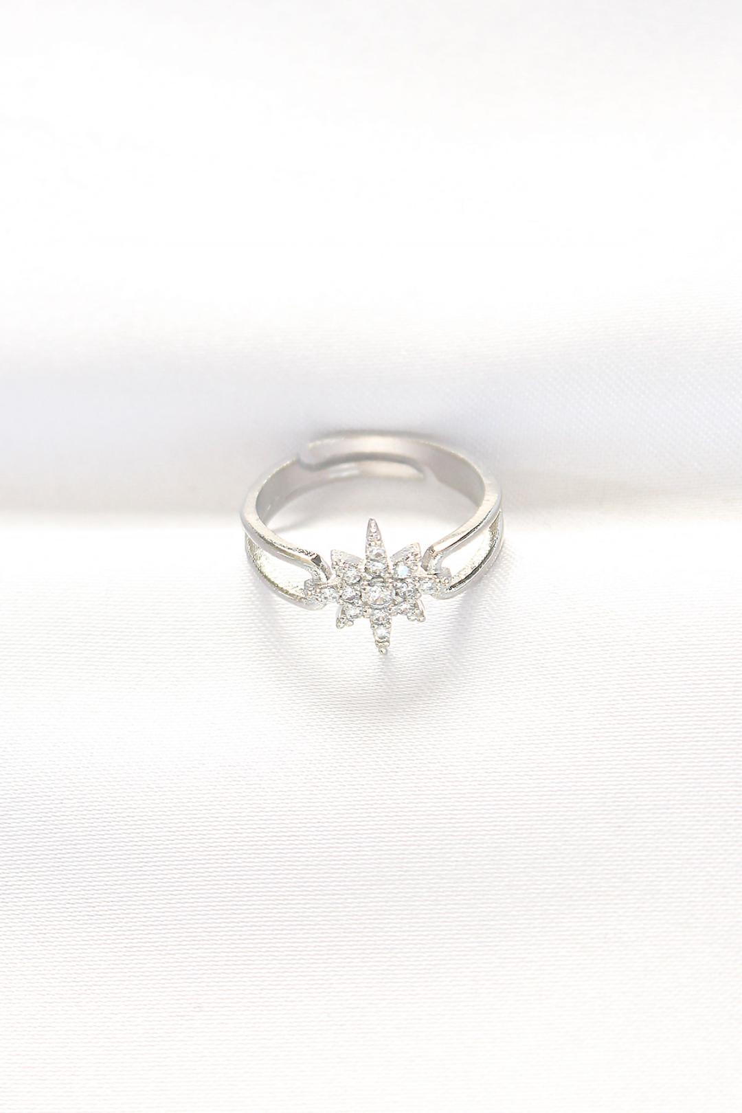 Adjustable Silver North Star Ring with Sparkling Zircon Stones