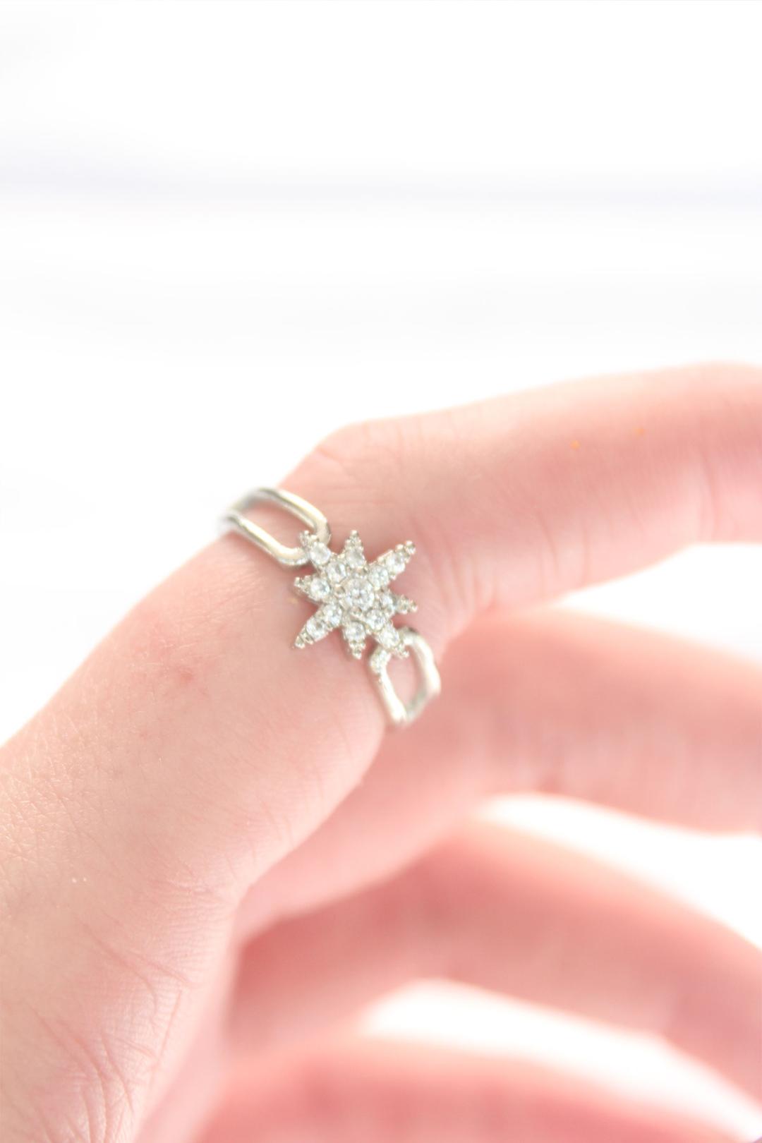 Adjustable Silver North Star Ring with Sparkling Zircon Stones