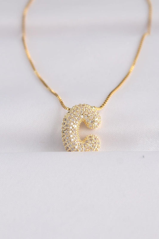 Gold Color Bubble Necklace with Zircon Stone and C Initial on 316L Steel Chain