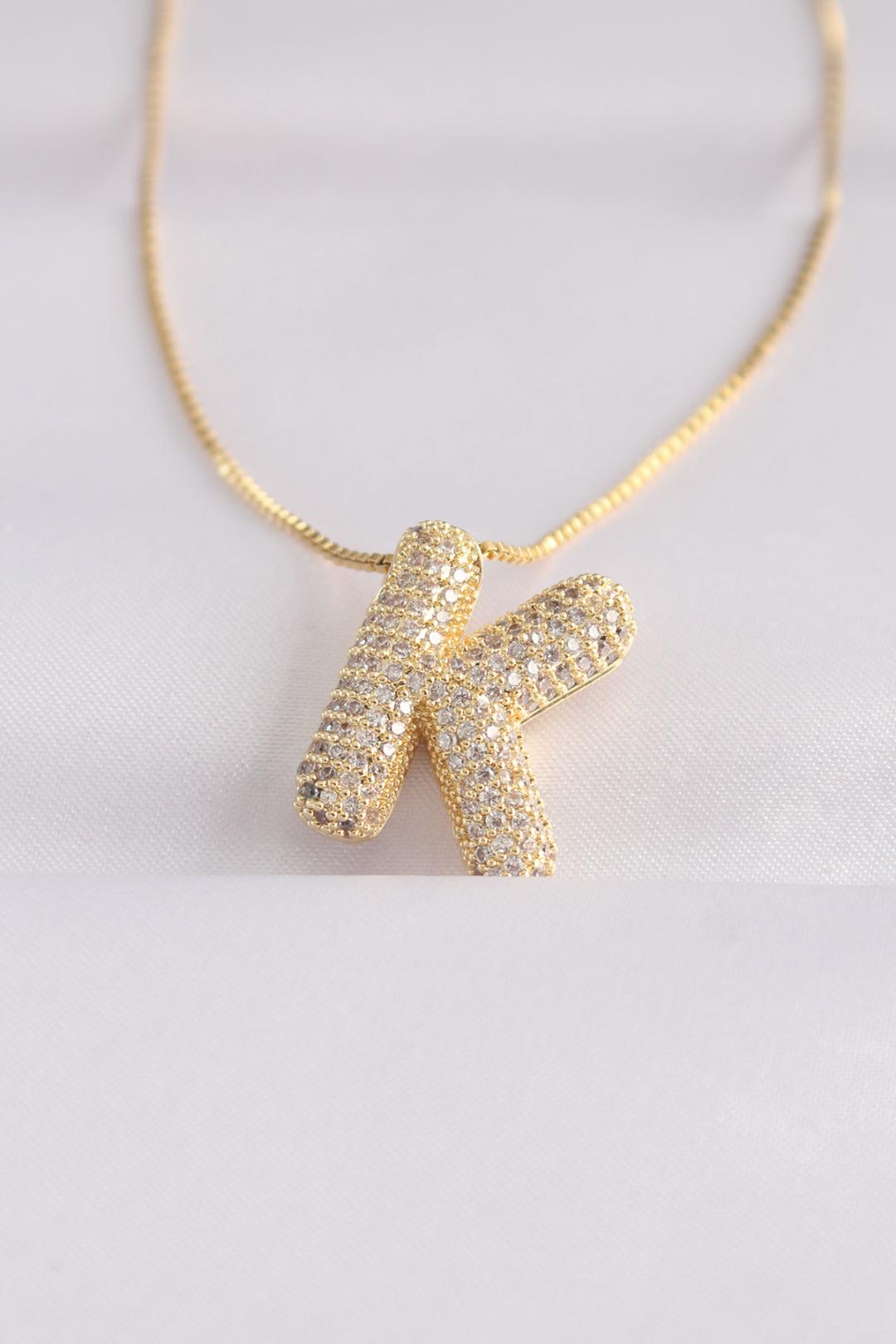 Gold Bubble Necklace with K Initial, Zircon Stone, and 316L Stainless Steel Chain