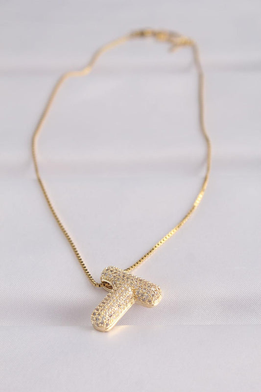 Gold Bubble Necklace with T Initial, Zircon Stone, and 316L Steel Chain