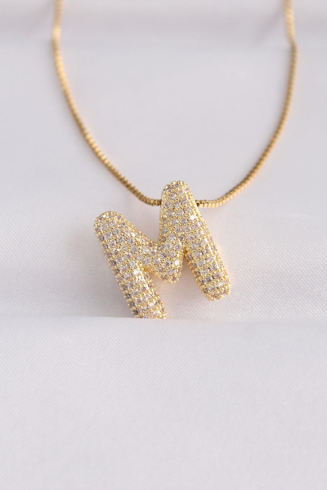 Gold Bubble Necklace with 'M' Initial, Zircon Stone, and 316L Stainless Steel Chain