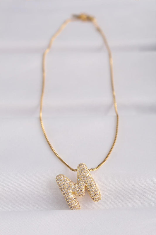 Gold Bubble Necklace with 'M' Initial, Zircon Stone, and 316L Stainless Steel Chain