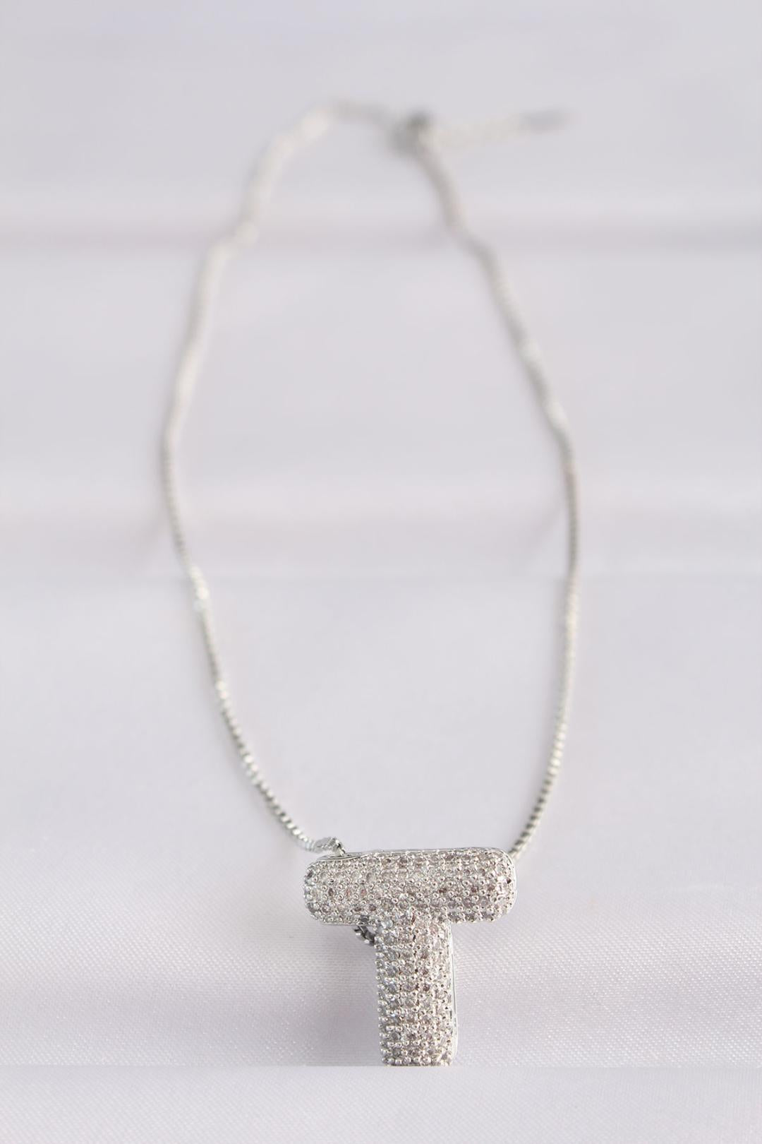 Stunning Silver T Initial Bubble Necklace with Zircon Stone on 316L Steel Chain