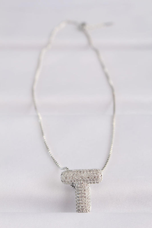 Stunning Silver T Initial Bubble Necklace with Zircon Stone on 316L Steel Chain