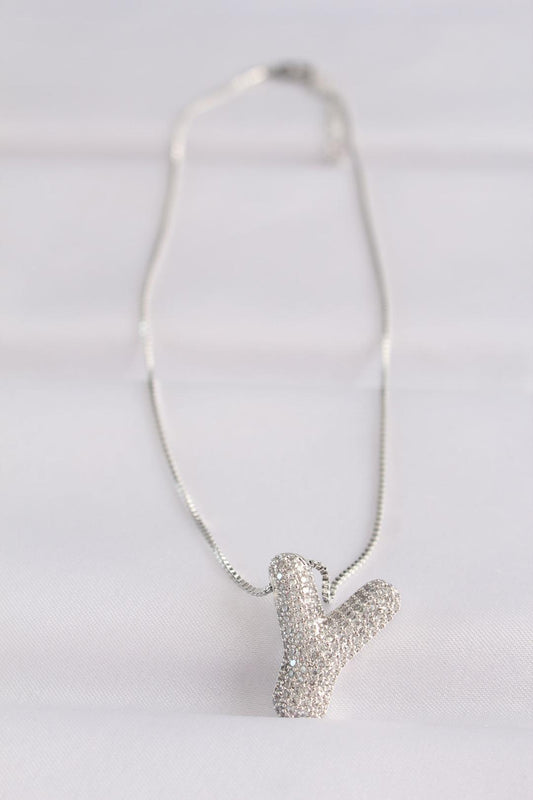 Silver Color Y Initial Bubble Necklace with Zircon Stone on 316L Stainless Steel Chain