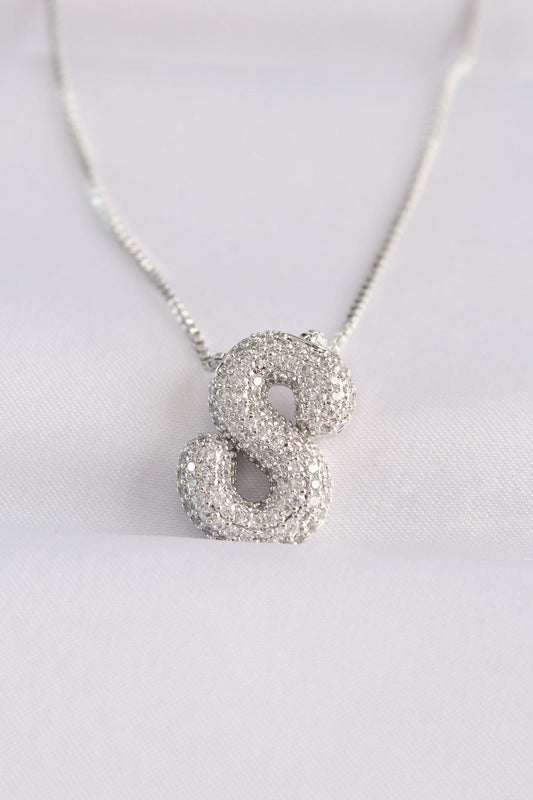 Silver Bubble Necklace with Zircon Stone and 'S' Initial on 316L Steel Chain