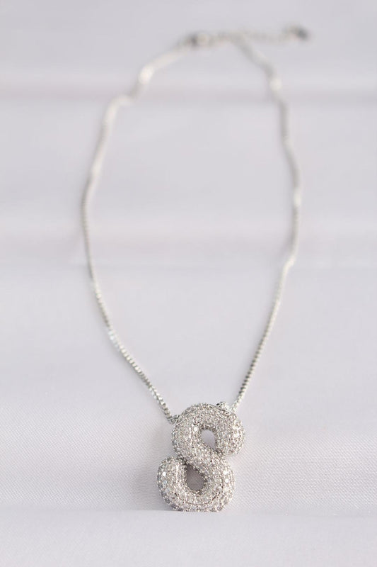 Silver Bubble Necklace with Zircon Stone and 'S' Initial on 316L Steel Chain