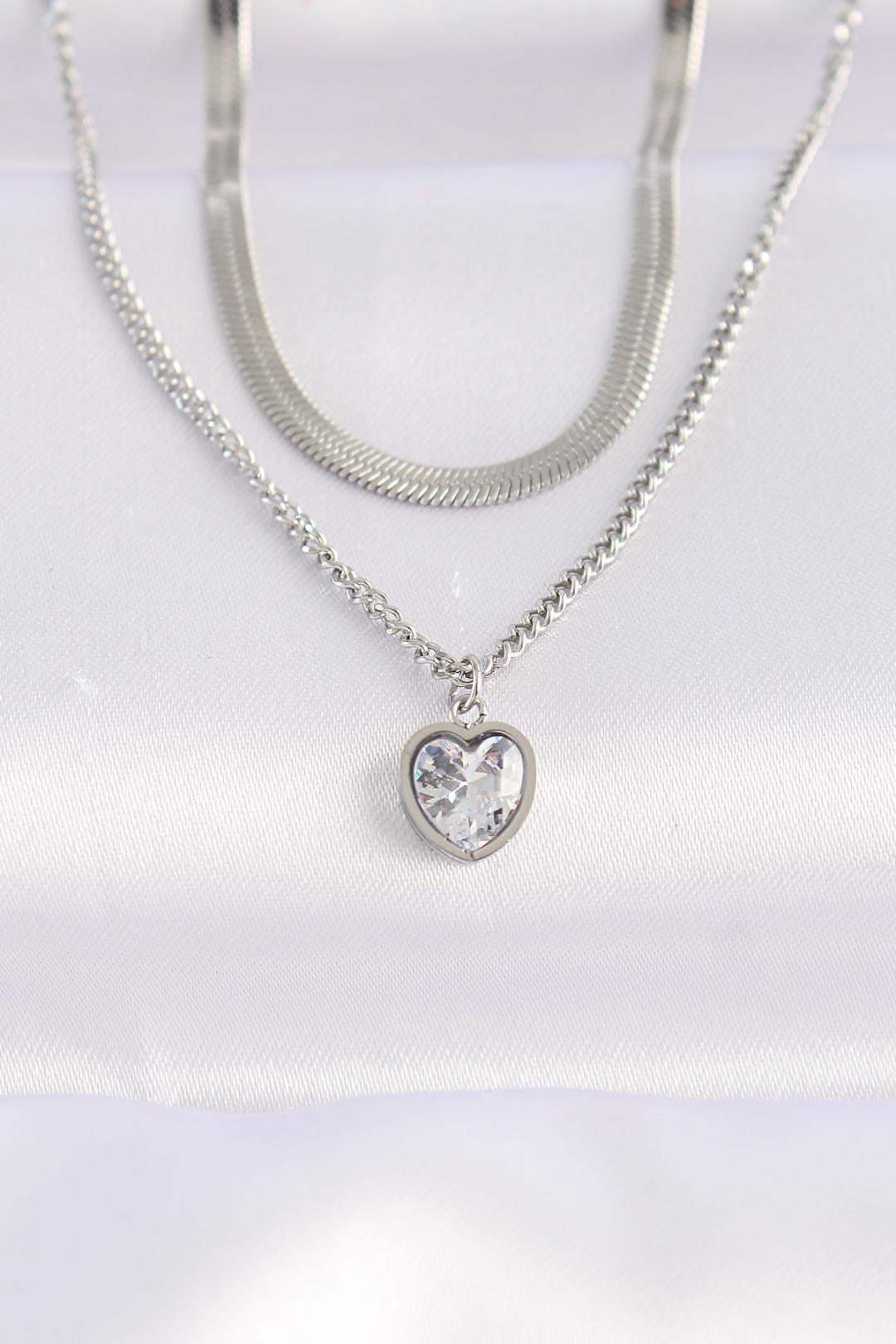 Set of 2 Silver Tone Minimalist Heart Necklaces with Zircon Stones - Crafted from 316L Stainless Steel