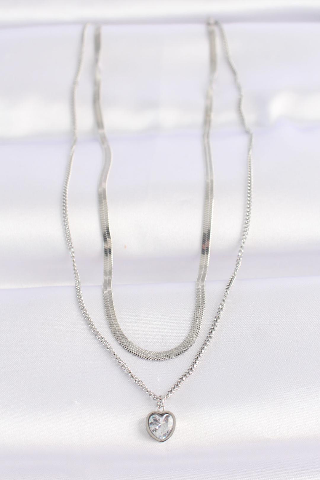 Set of 2 Silver Tone Minimalist Heart Necklaces with Zircon Stones - Crafted from 316L Stainless Steel