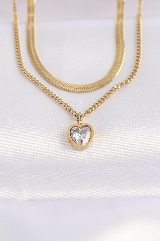 Minimalist Heart Necklace Set - 2-Piece Gold-Plated 316L Stainless Steel with Zircon Stone Accents