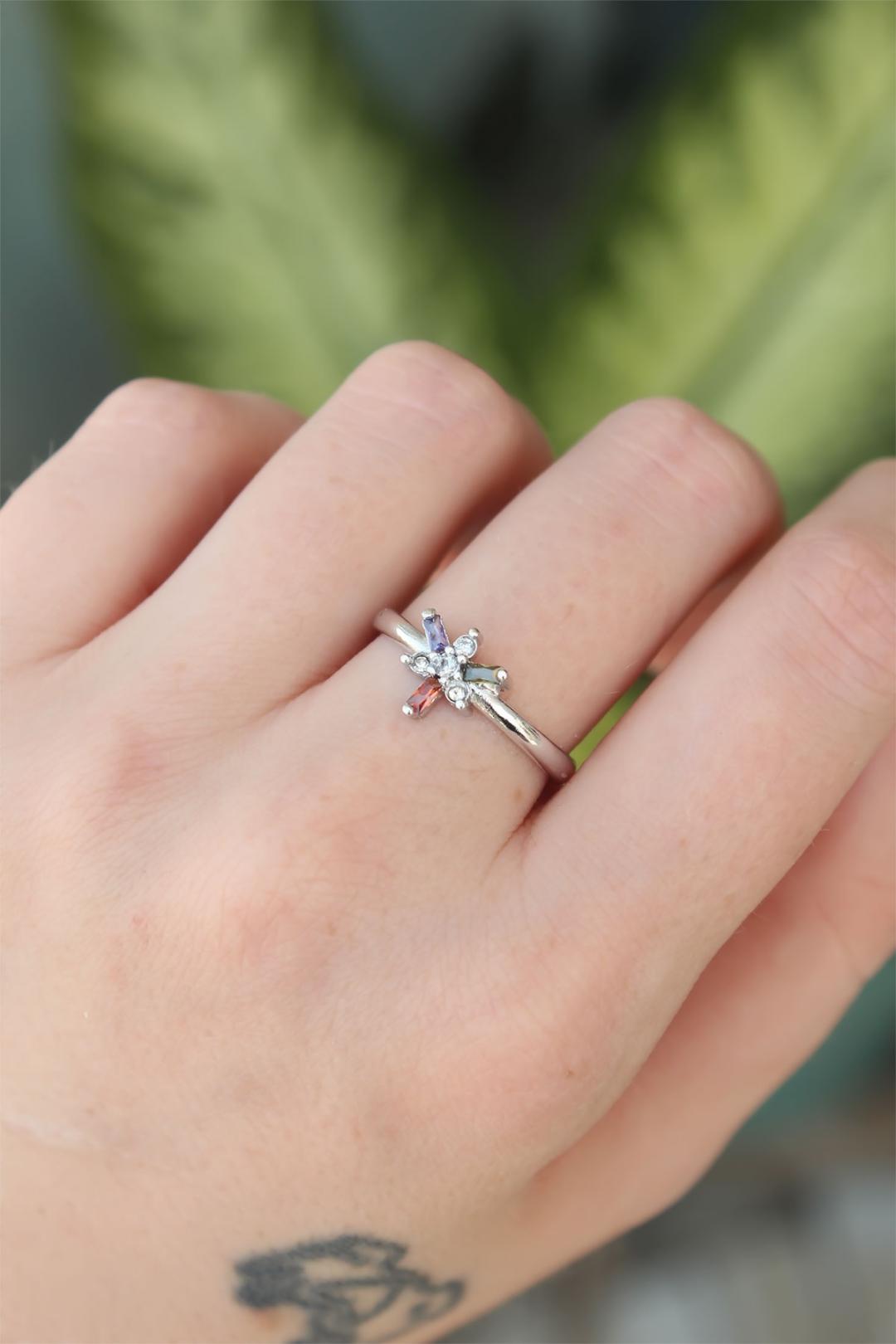 Adjustable Silver Dragonfly Ring with Colorful Zircon Stones